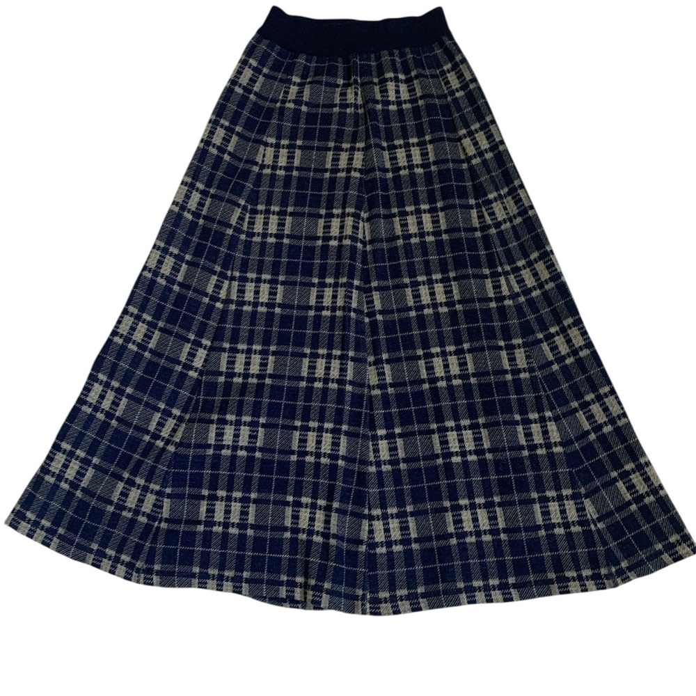 Vintage Knit Plaid A-Line Midi‎ Skirt Size 4 Womens Navy Cream Elastic Waist